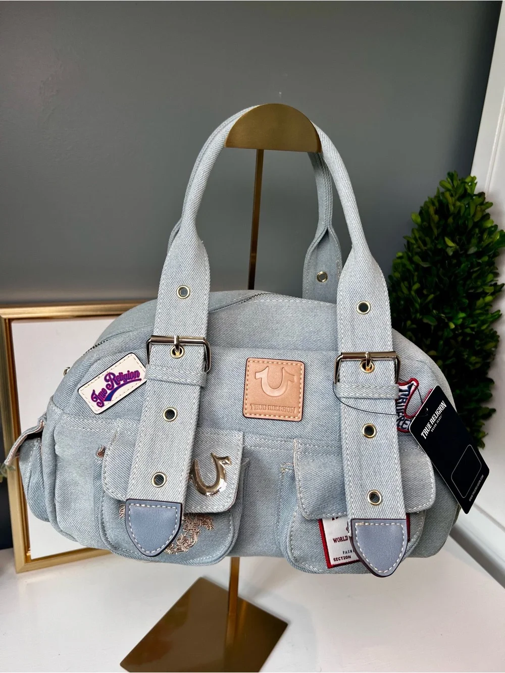 True Religion Y2K Light Wash Denim Cargo Patch Satchel Bag Purse NWT